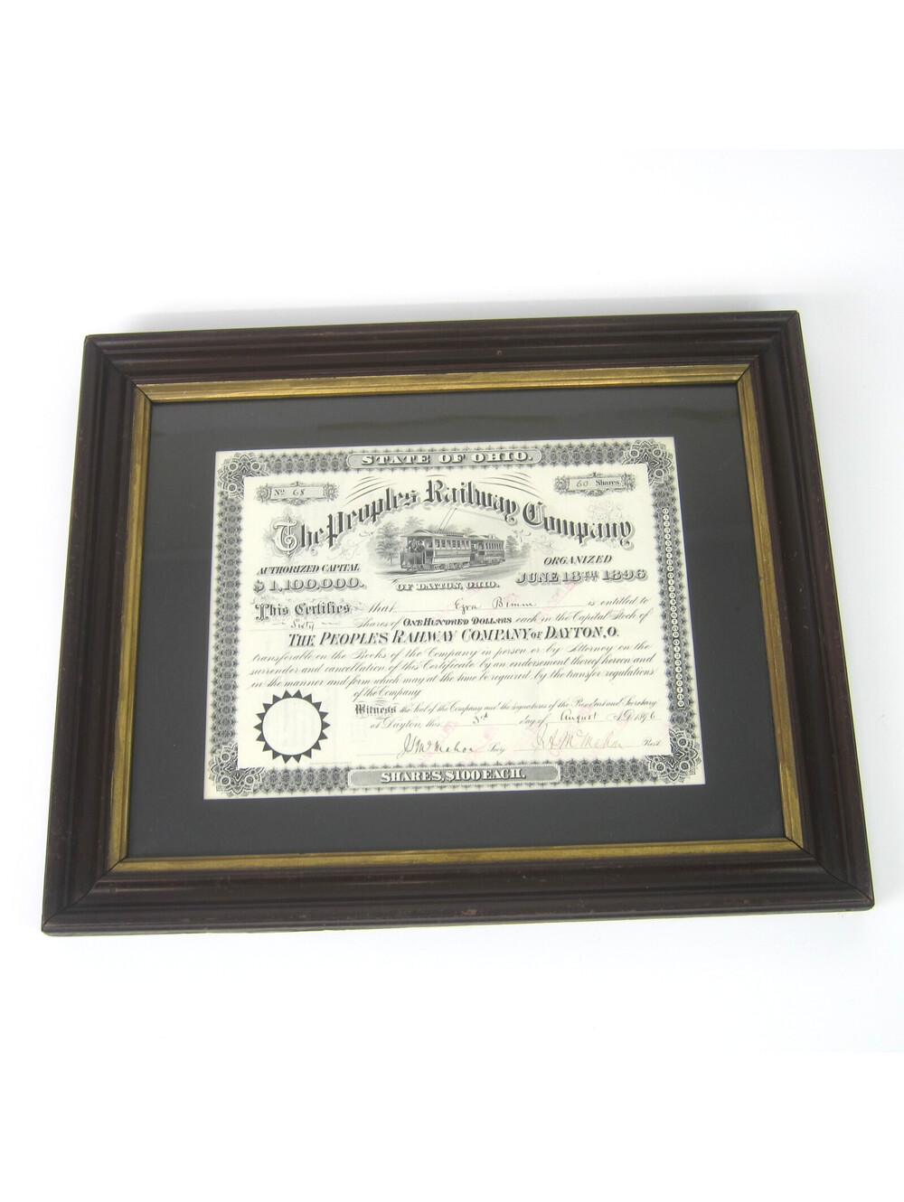 The Peoples Railway Company Dayton Ohio Railroad Stock Certificate Antique 1896